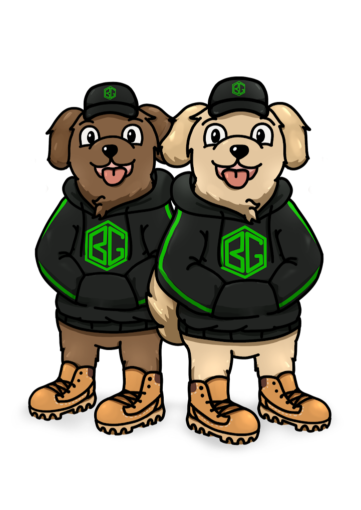 Brothers Gardenscape mascot illustration - two dogs in branded hoodies and work boots