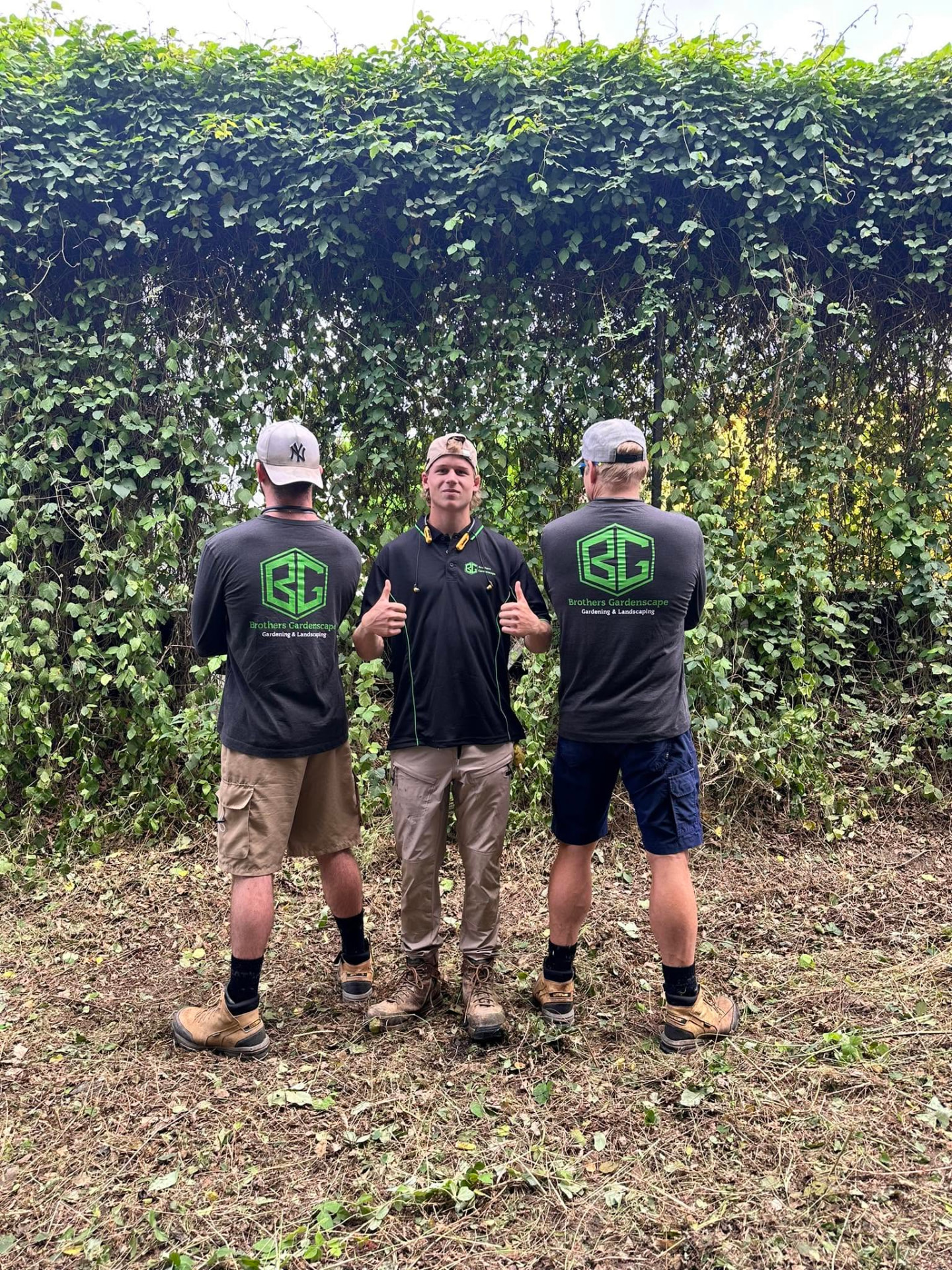 The Brothers Gardenscape team in front of a freshly trimmed hedge